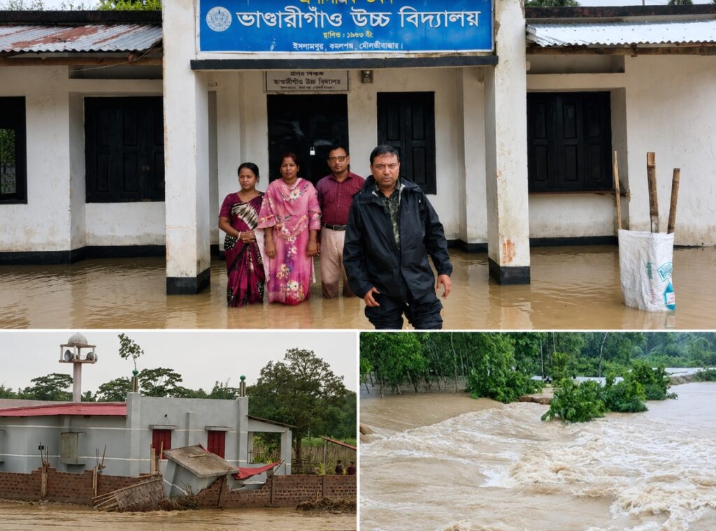 ধলাই নদীর বাঁধ ভেঙে কমলগঞ্জের ২৪ গ্রাম প্লাবিত,স্থগিত পরীক্ষা