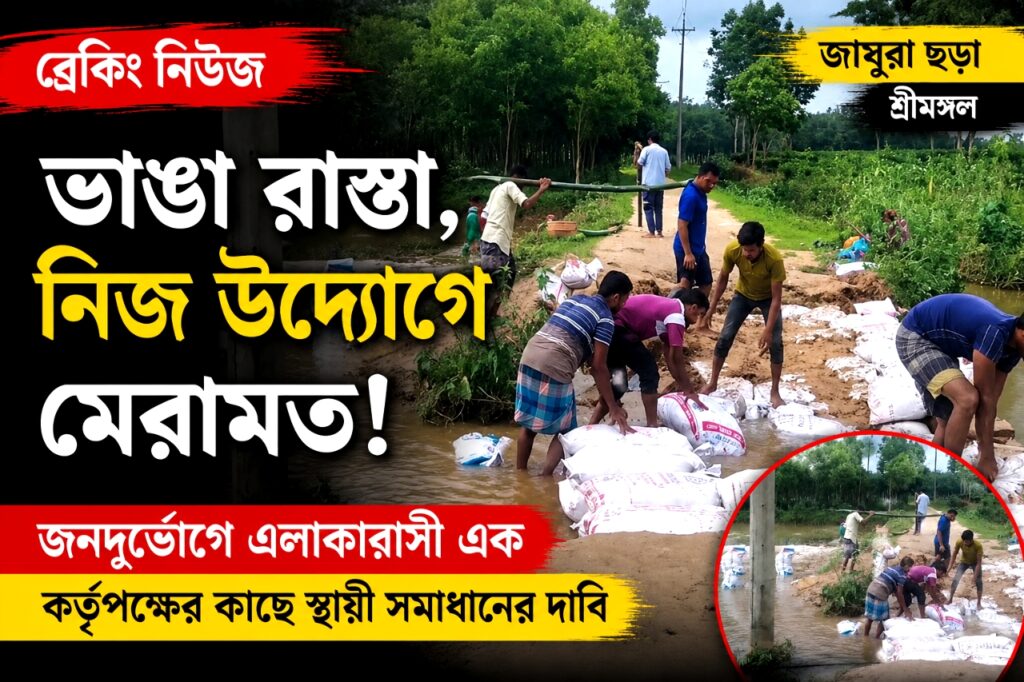 নিজ উদ্যোগে ভাঙ্গা রাস্তা মেরামতে নেমেছেন গ্রামবাসী।